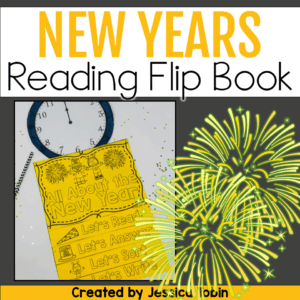 New Year’s reading flip book for elementary students featuring printable comprehension and writing activities.