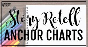 Classroom supplies and notebook background for recounting and retelling anchor chart ideas for elementary teachers