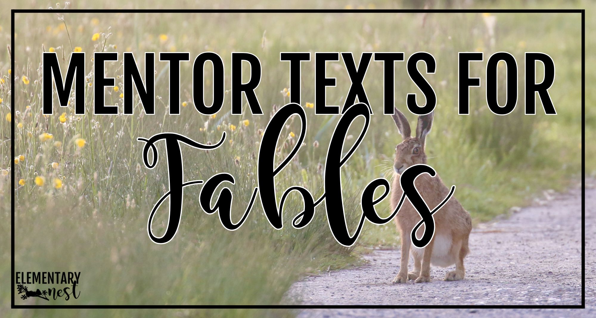 Blog cover with a rabbit in a grassy field and text that reads “Mentor Texts for Fables”