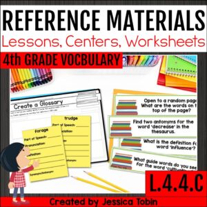 Reference Materials lessons, centers, and worksheets for 4th grade vocabulary featuring glossary, dictionary, and thesaurus activities.