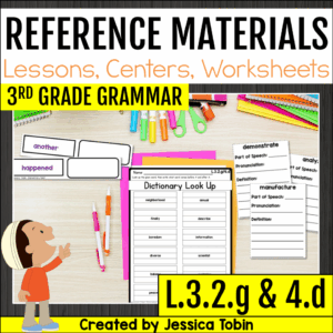 Reference materials worksheets and activities for 3rd grade grammar, including dictionary look-ups and glossary practice.