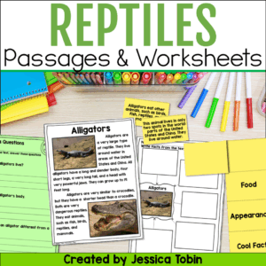 Reptiles passages and worksheets resource featuring an alligator nonfiction passage with photos, comprehension questions, and graphic organizers.