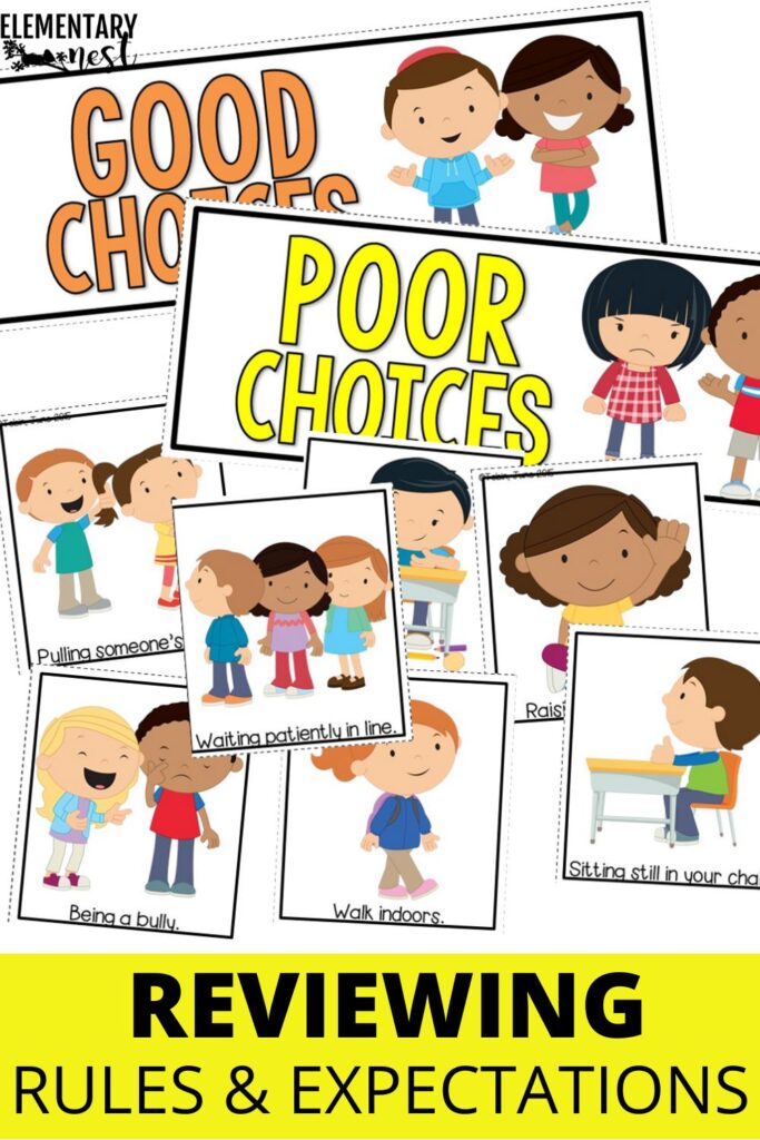 Classroom behavior cards showing good and poor choices for students reviewing classroom rules.