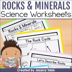 Cover image for Rocks and Minerals Science Worksheets featuring KWL chart, rock cycle diagram, and descriptive writing pages.