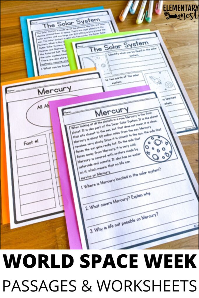 World Space Week reading comprehension passages and worksheets about planets and the solar system