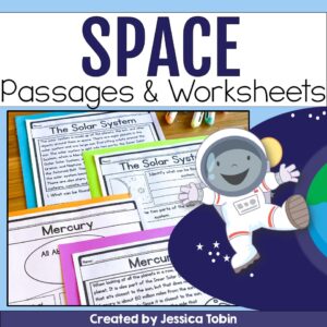 Space worksheets and reading passages for kids featuring solar system and planet activities.