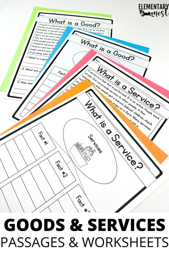 Colorful printed worksheets and reading passages titled “What is a Good?” and “What is a Service?"