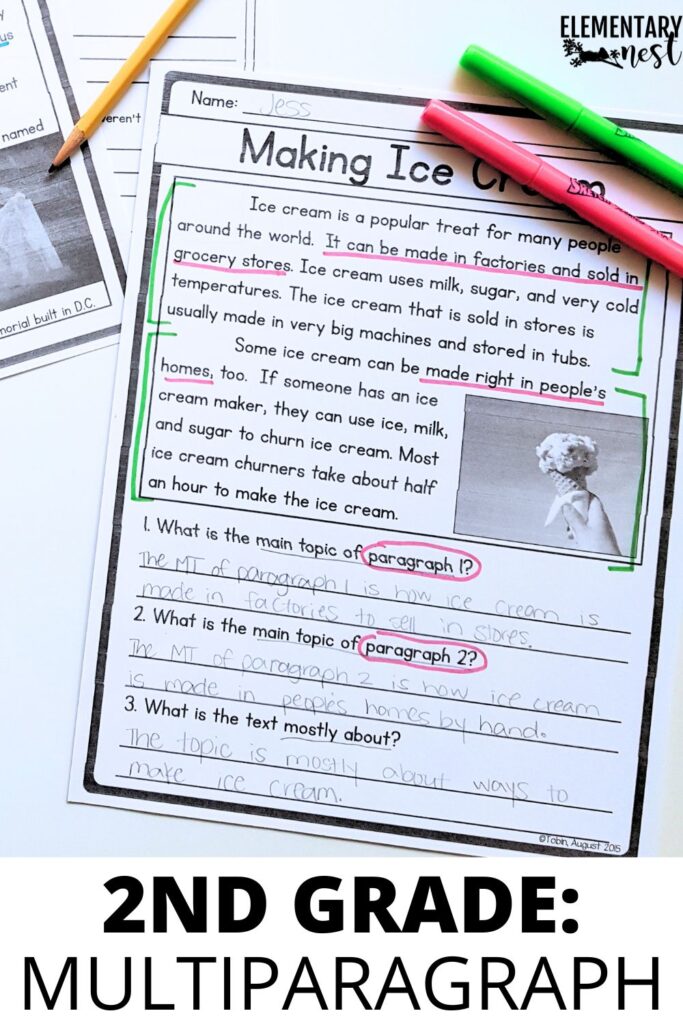 Student worksheet highlighting multiple paragraphs to identify different main topics and overall main idea
