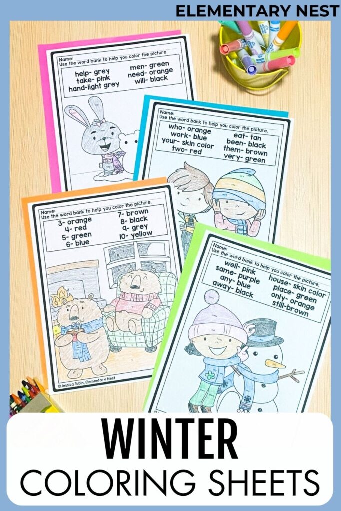 Winter color-by-code literacy worksheets for primary students with reading and vocabulary practice.