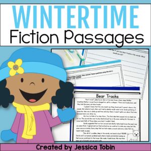 Wintertime fiction reading passages for elementary students featuring printable comprehension and writing response pages.