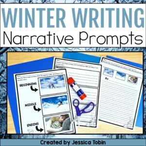 Winter narrative writing prompts for elementary students featuring picture sequences and graphic organizers.