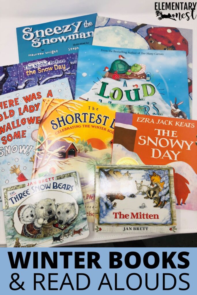 Collection of winter-themed children’s books like The Mitten, The Snowy Day, and Sneezy the Snowman.