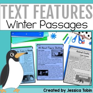 Winter Text Features reading passages for elementary students featuring nonfiction topics like figure skating, animal coats, and candy canes.