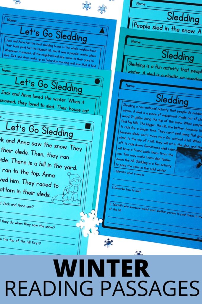 Winter reading comprehension passages about sledding printed on blue paper for elementary students.