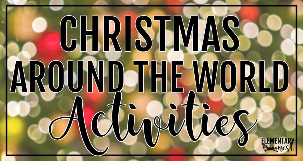 Christmas Around the World activities banner with blurred holiday lights background