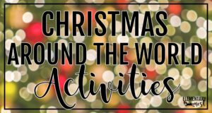 Christmas Around the World activities banner with blurred holiday lights background