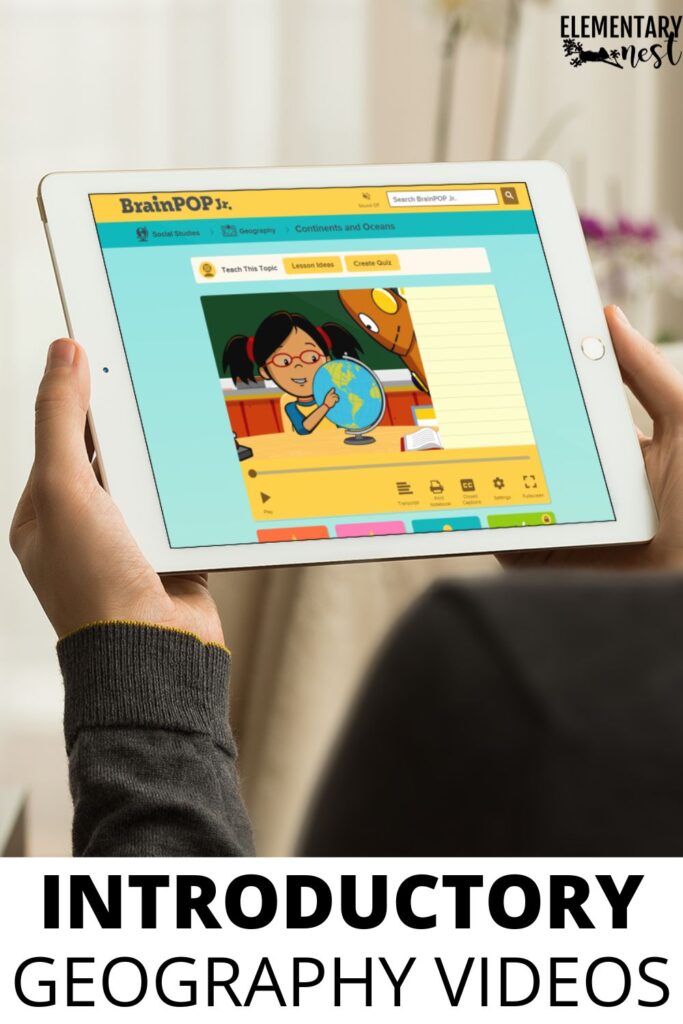 Tablet displaying a BrainPOP Jr. geography video featuring a student pointing at a globe, ideal for introducing geography concepts.