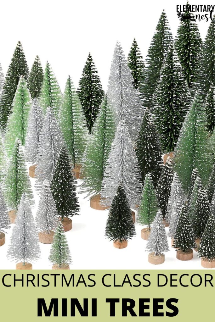 Mini bottle brush Christmas trees in green and silver for classroom decor and holiday displays.