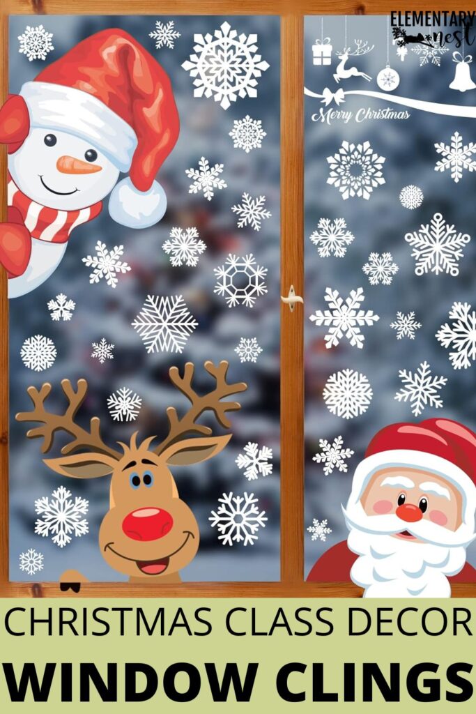 Snowman, reindeer, and Santa window clings for festive Christmas class decor.