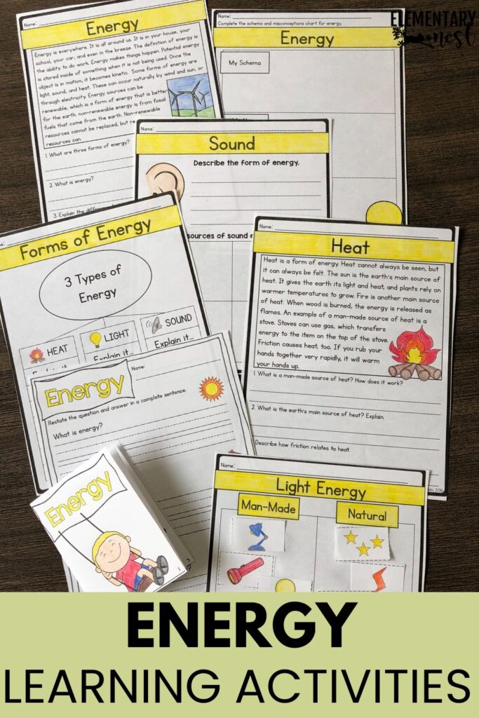 Worksheets and graphic organizers about forms of energy, heat, sound, and light.