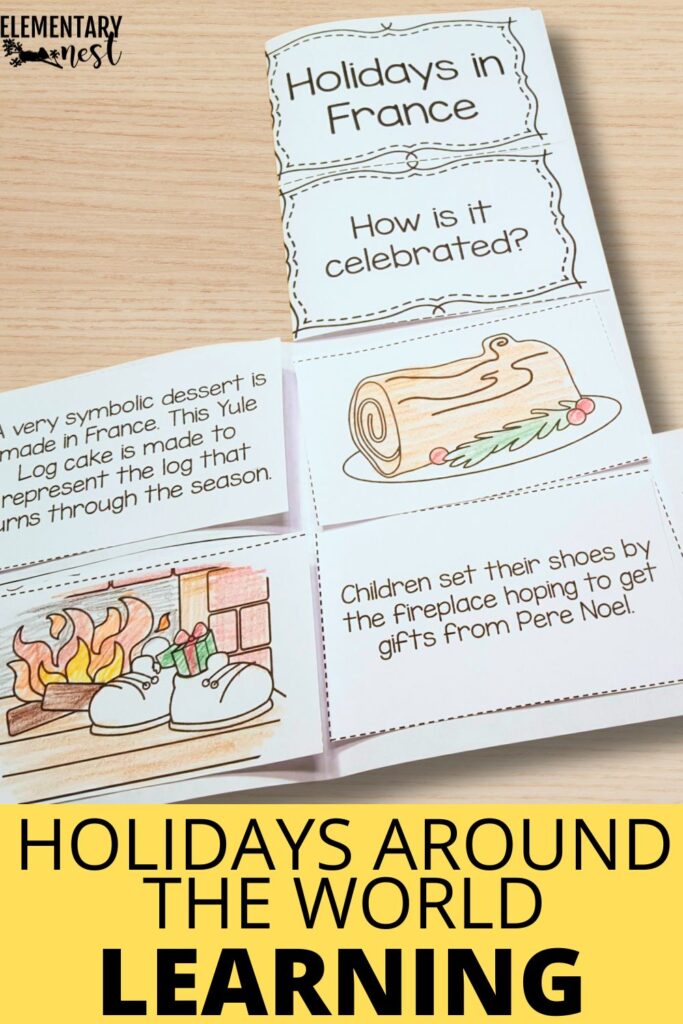 Holidays in France fold-and-snip student mini book showing Yule Log and Pere Noel traditions
