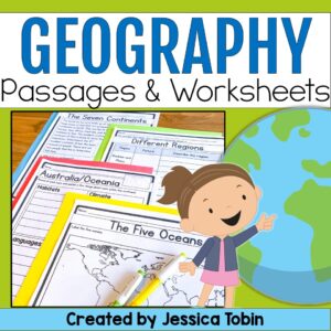 Geography worksheets and reading passages for elementary students featuring continents, oceans, and regions with a cartoon globe and student illustration.
