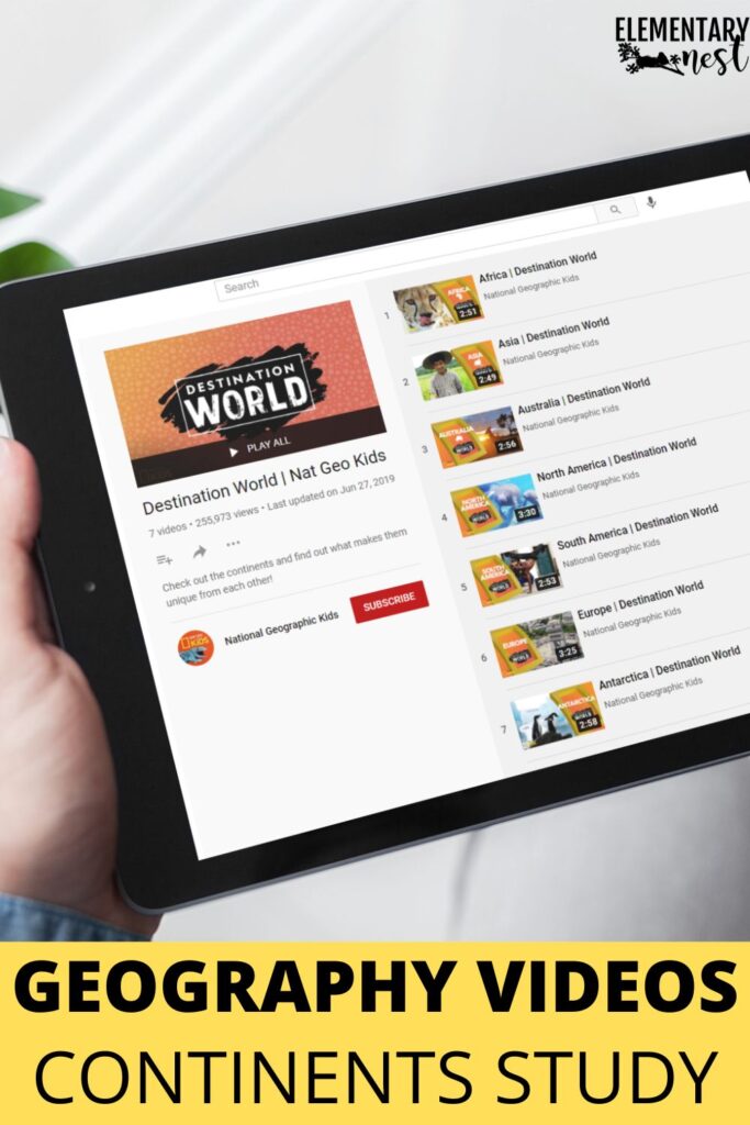 Tablet showing a National Geographic Kids “Destination World” video playlist for teaching continents and geography activities.