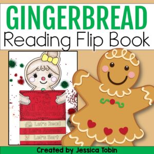 Cover image of a Gingerbread Reading Flip Book showing a gingerbread girl topper holding a red flip book with reading, answering, sorting, and writing tabs.