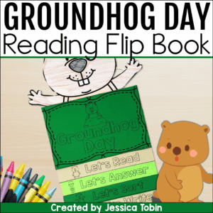 Groundhog Day reading flip book for elementary students featuring a cute groundhog topper and interactive tabs for reading, answering questions, sorting facts, and writing.