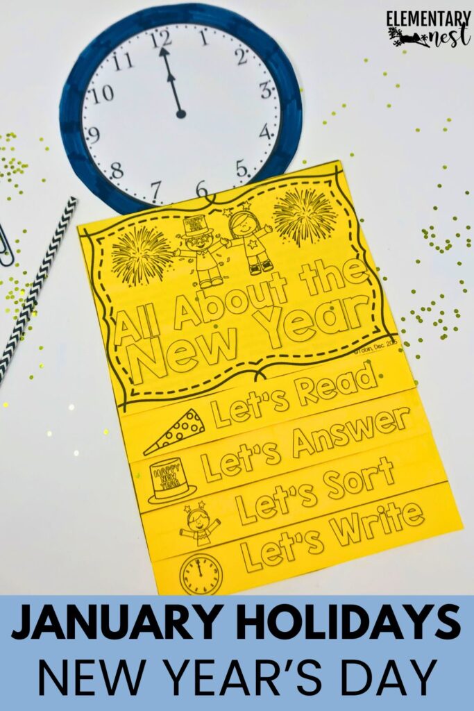 New Year’s Day classroom worksheet and clock craft for students.