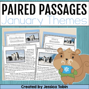 Cover image for a January-themed paired passages resource featuring fiction and nonfiction reading passages about penguins, winter sports, MLK Jr., New Year’s Eve, and snow. Includes colorful worksheets and a winter squirrel illustration.