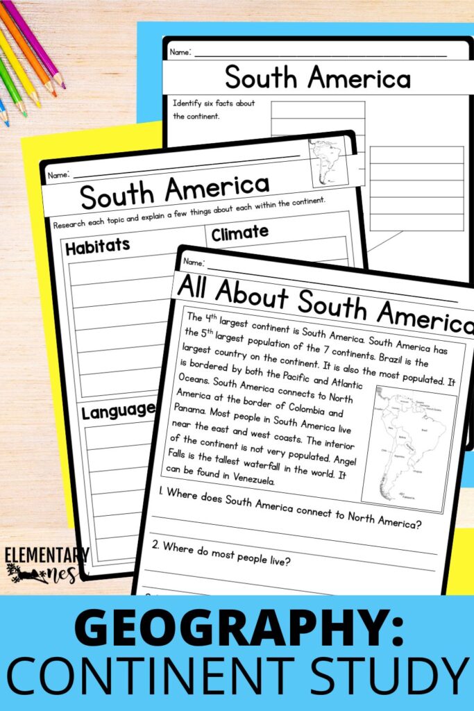 Geography worksheets focusing on South America with passages and activities about climate, habitats, and languages.