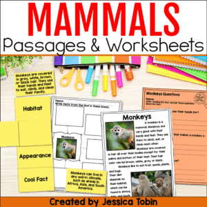Image of a mammals reading activity featuring monkey passages, a graphic organizer, and comprehension questions. Includes sticky-note style vocabulary pieces for habitat, appearance, and cool facts. Bright school supplies are displayed across the top of the image.