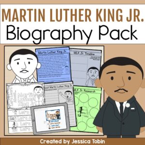 Cover image for a Martin Luther King Jr. biography pack showing MLK clipart, reading passages, research pages, a timeline activity, and a digital version on a tablet.