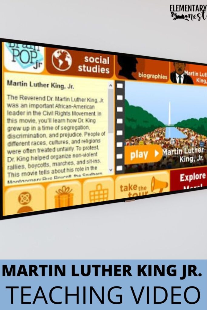 Screenshot of a BrainPOP Jr. Martin Luther King Jr. educational video for classroom instruction.