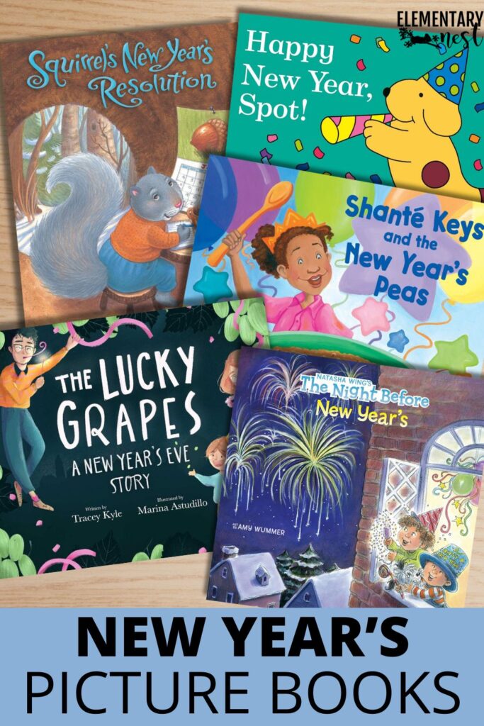 Collection of New Year’s books for children, including Squirrel’s New Year’s Resolution and The Night Before New Year’s.