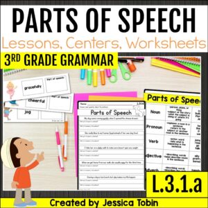 Parts of Speech lessons and worksheets for 3rd grade grammar including adjectives, nouns, and verbs