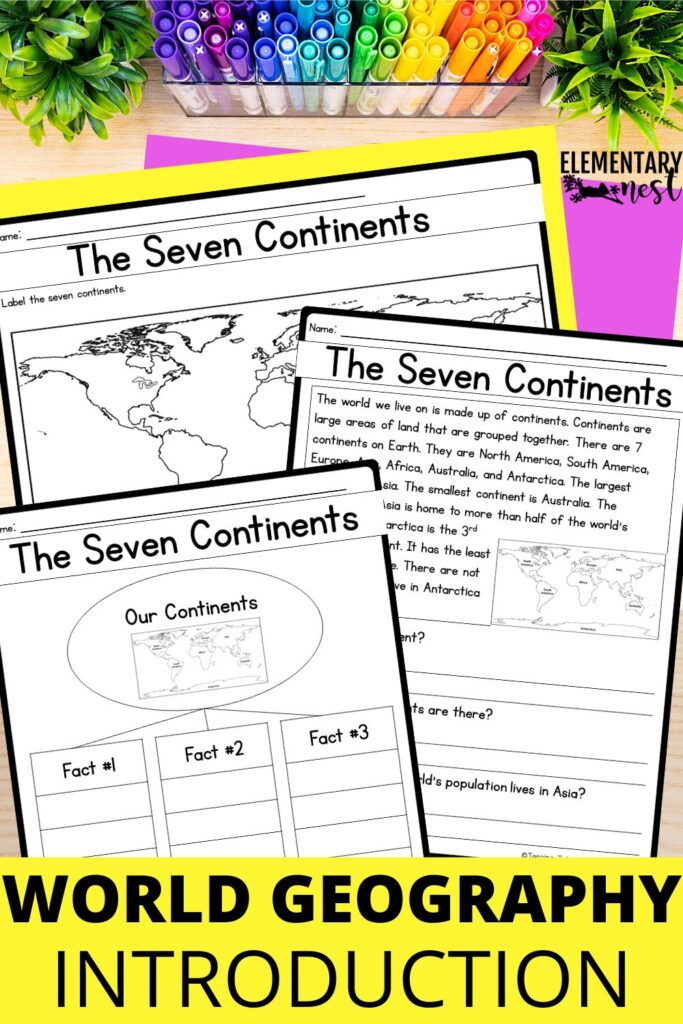 Colorful geography worksheets for elementary students showing “The Seven Continents” labeling and comprehension pages.