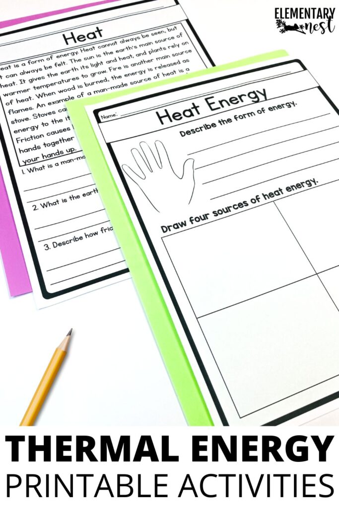 Printable thermal energy worksheets where students describe heat energy and draw examples of its sources.