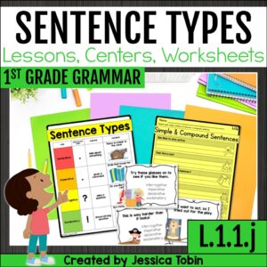 Cover image for a 1st grade sentences unit teaching sentence types, including declarative, imperative, interrogative, and exclamatory sentences with worksheets, posters, and centers.