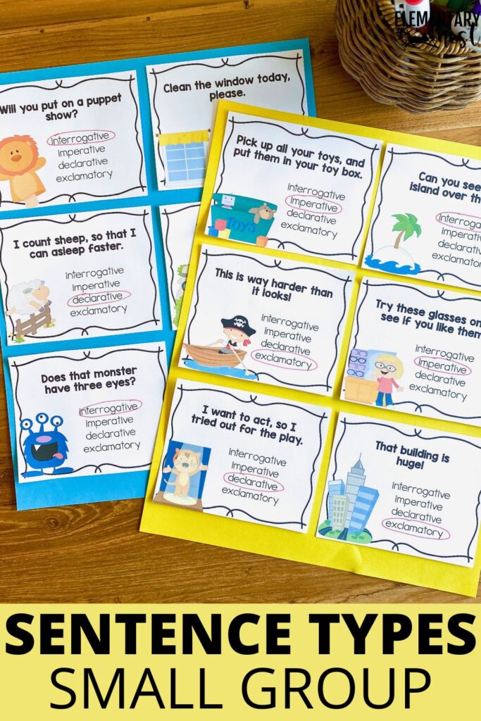 Small group activity cards showing different types of sentences for students to identify as interrogative, imperative, declarative, or exclamatory.