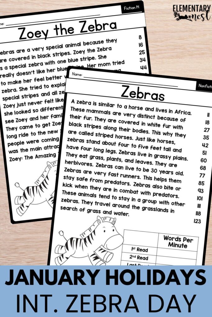 Fiction and nonfiction reading passages about zebras for elementary students.