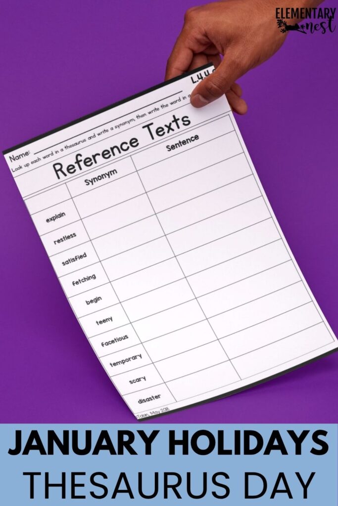 Vocabulary worksheet for Thesaurus Day classroom activity.