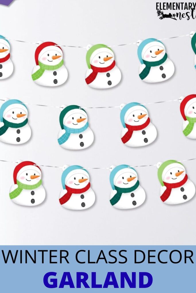 Snowman-shaped garland with colorful scarves for classroom decoration.