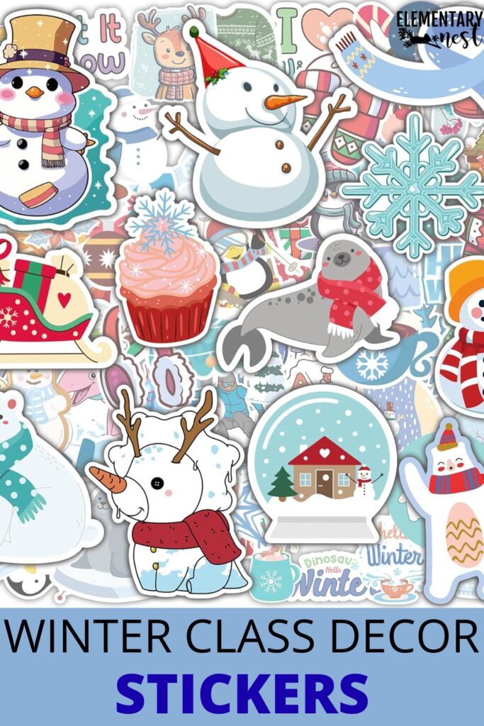 Collection of colorful winter-themed stickers featuring snowmen, reindeer, and snowflakes.
