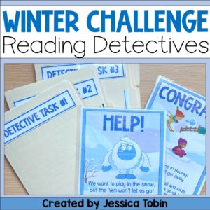 Winter Reading Detectives escape-room style activity with envelopes labeled detective tasks and a HELP poster featuring a cartoon yeti.