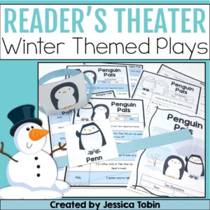 Winter themed reader’s theater scripts are displayed with penguin characters, student headband props, and printed play pages for elementary classrooms. The cover shows the Penguin Pals script with character cards labeled Penn and Polly.