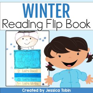 Winter reading flip book for elementary students featuring a girl holding a winter-themed booklet titled “All About Winter.”