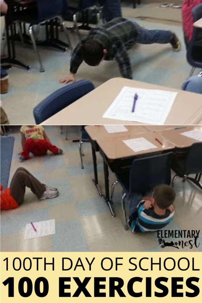 Students completing classroom exercises such as push-ups and sit-ups for a 100th day of school activity.