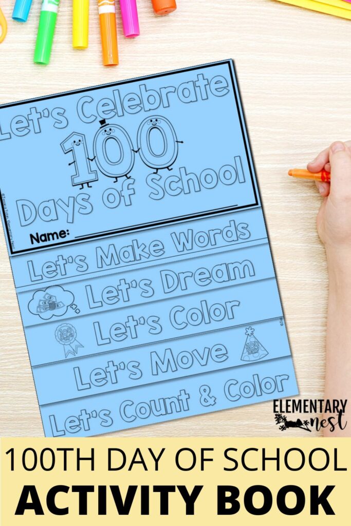 Student using crayons to complete a 100th day of school flip book titled “Let’s Celebrate 100 Days of School.”